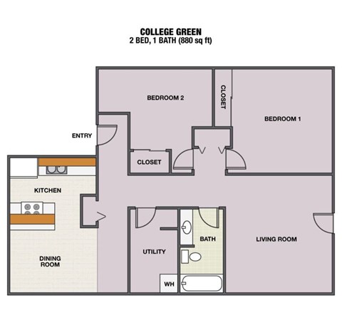 Floor plan for 2 beds, 1 bath, 883 sqft